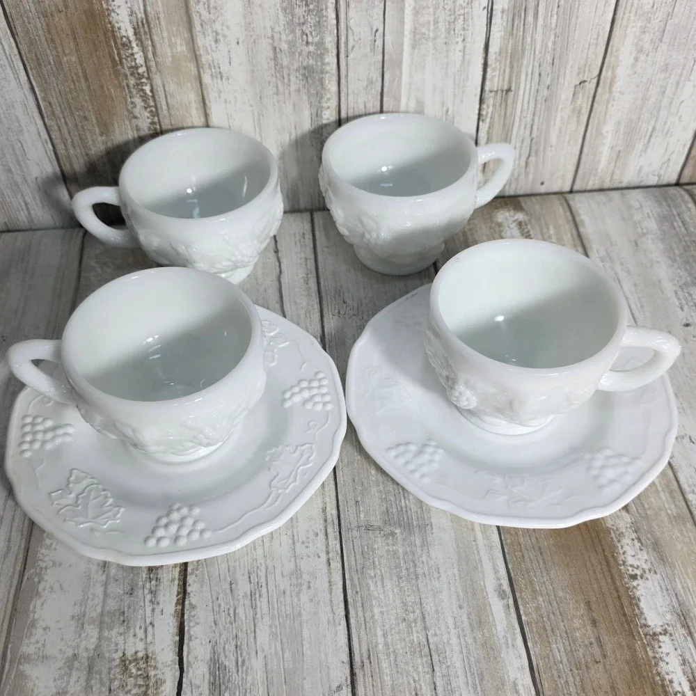 Vintage Milk Glass Grapevine Teacups and Saucers Set of 4 White replacement